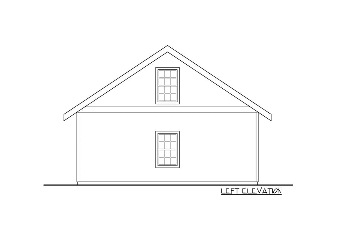 Left elevation of a house plan showing a gable roof, a dormer window, and a wall window.