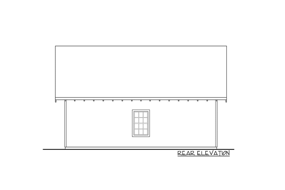 Rear elevation drawing of a house plan with a single window and pitched roof.