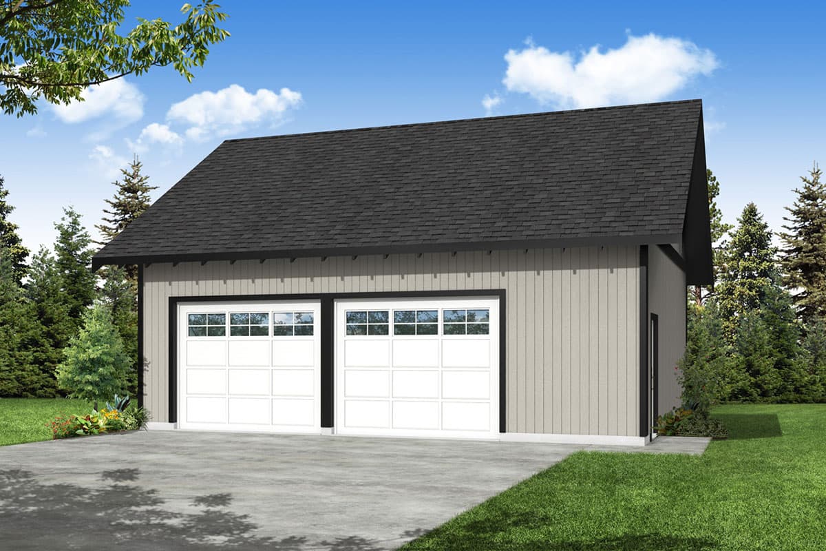 House plan exterior. Two-car garage with gabled roof, two overhead doors with window panels, and vertical siding.  A side entry door is visible.