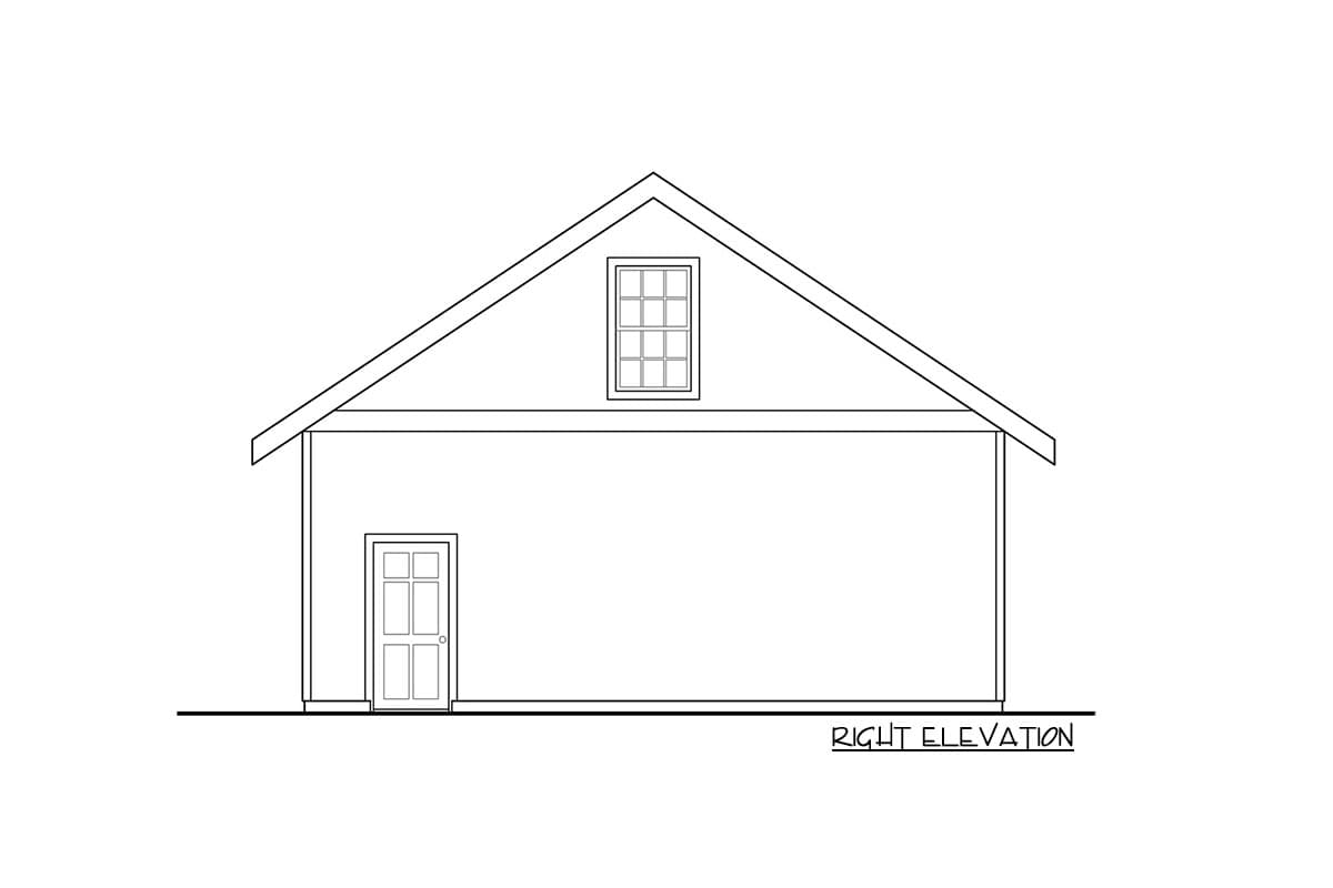 Right elevation drawing of a house plan, showing a gable roof, a dormer window, and a single door.