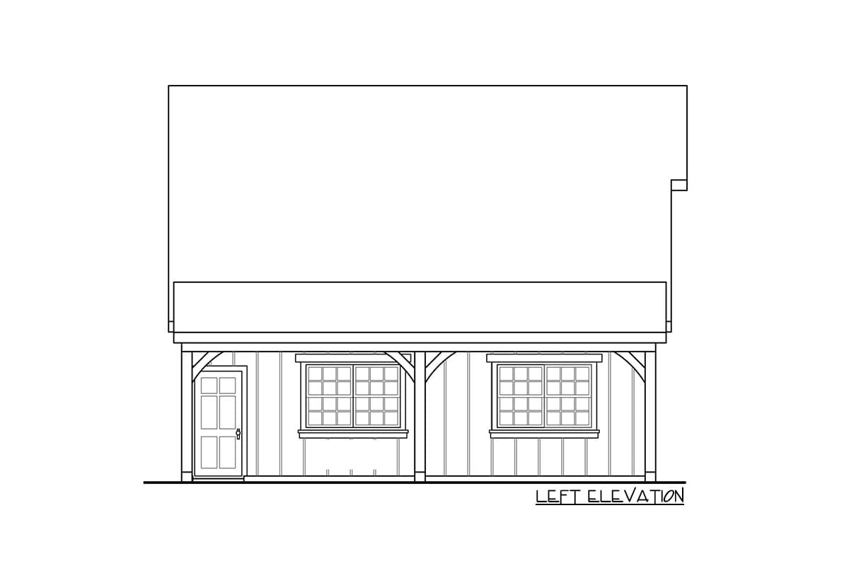 Left elevation drawing of a house plan featuring a door, two windows, and a covered porch.