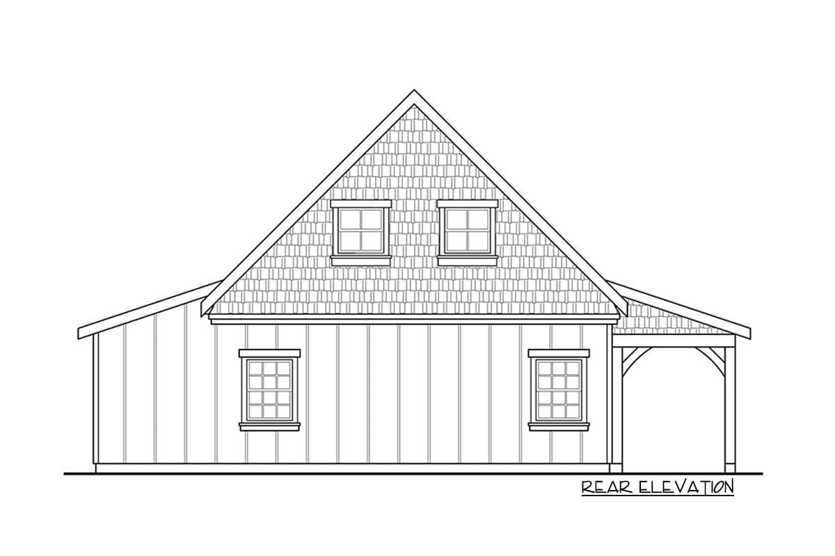 Rear elevation drawing of a house plan featuring a gable roof with dormers, vertical siding, and a covered porch.