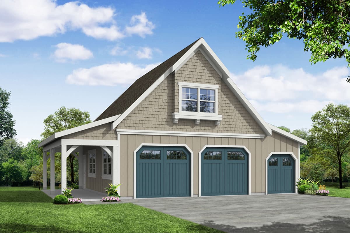 House plan exterior. Two-story Craftsman style with gabled roof, three-car garage, and covered porch with supporting columns.