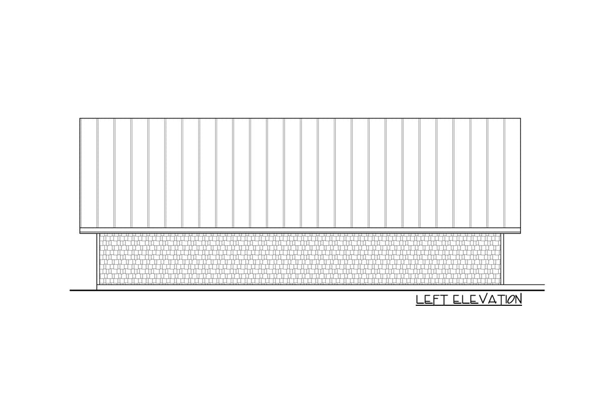 Left elevation drawing of a house plan with a stone base and a vertical metal siding upper facade.