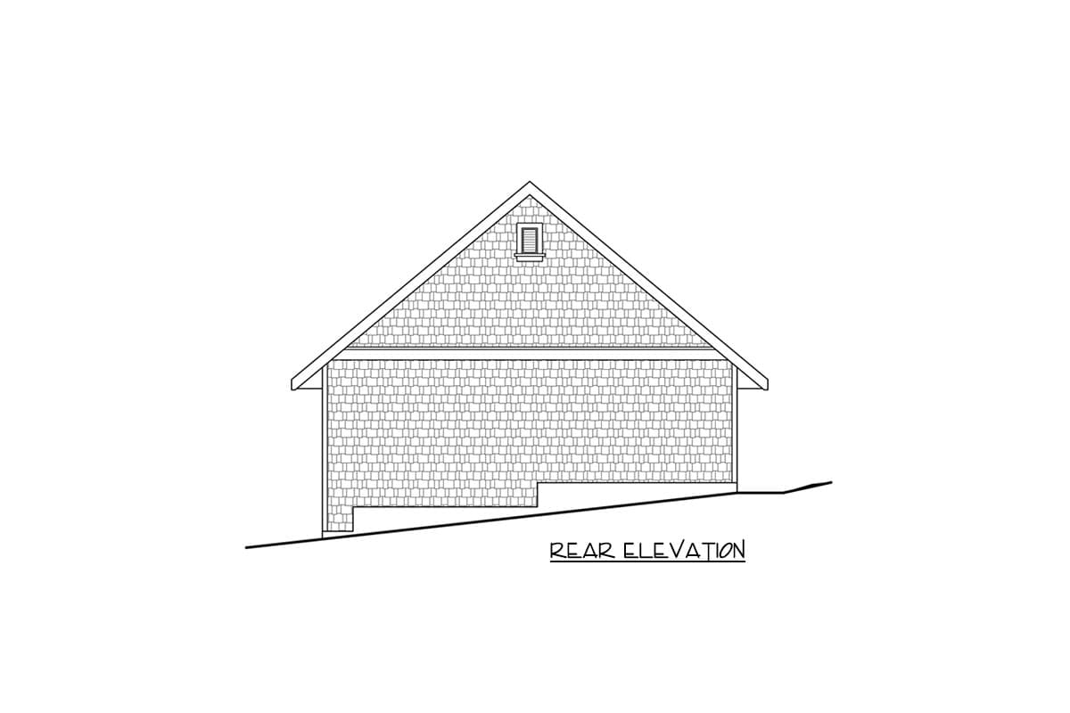 Rear elevation drawing of a house plan with a gambrel roof and shingle siding, featuring a small gable dormer.