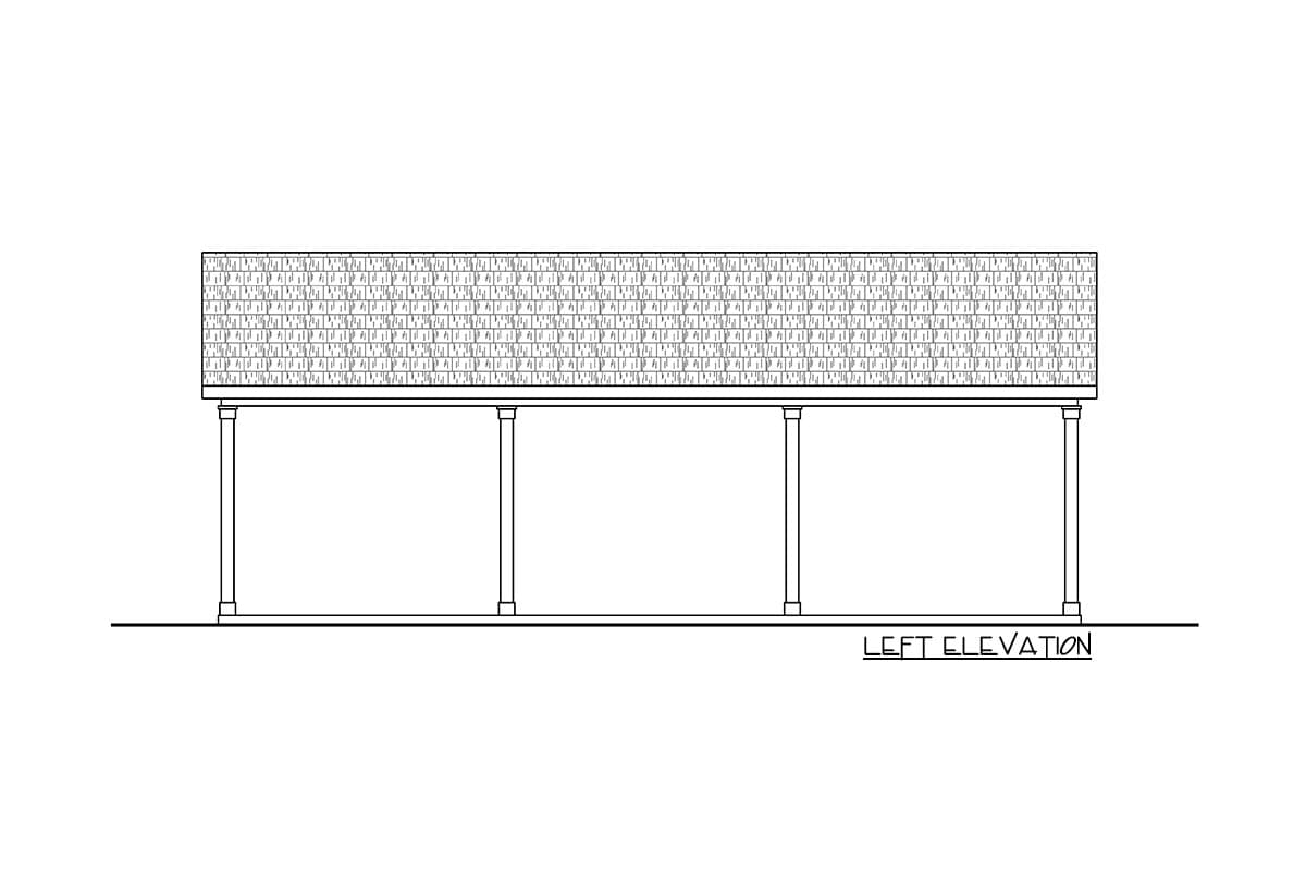 Left elevation drawing of a house plan showing a covered porch supported by three columns and a shingled roof.