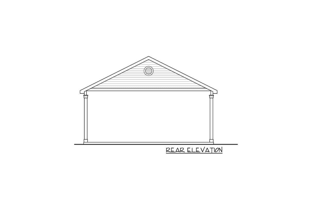 Rear elevation drawing of a house plan with a gabled roof, horizontal siding, and two support columns.