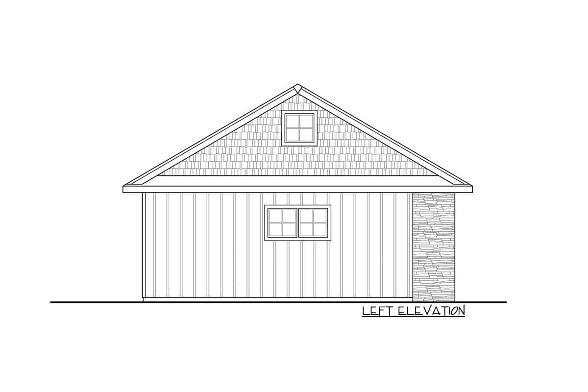 Left elevation drawing of a house plan featuring vertical siding, stone accents, and two windows.