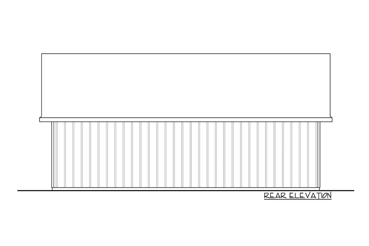 Rear elevation drawing of a house plan showing vertical siding and a simple roofline.