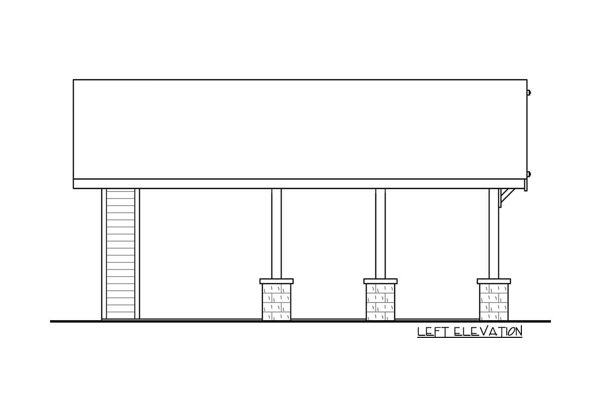 Left elevation of a house plan showing a covered porch supported by three brick-base columns and a wood-paneled wall section.