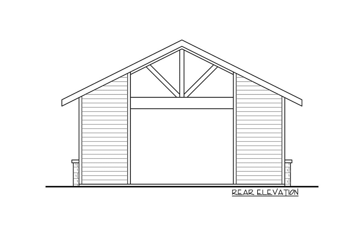Rear elevation drawing of a house plan showing a large central opening with exposed truss detailing in the gable end.