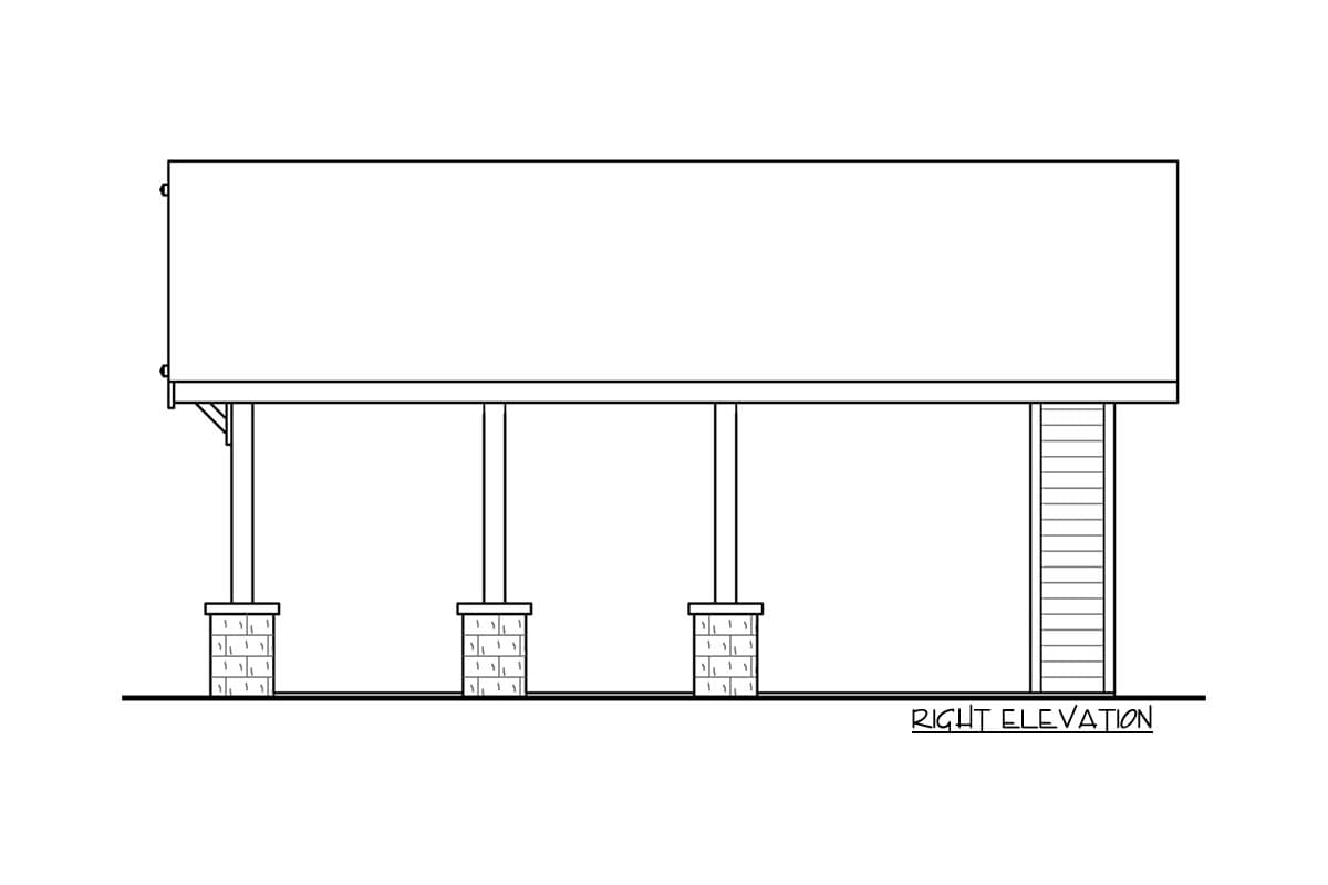 House plan right elevation showing a covered porch with brick piers and stairs.