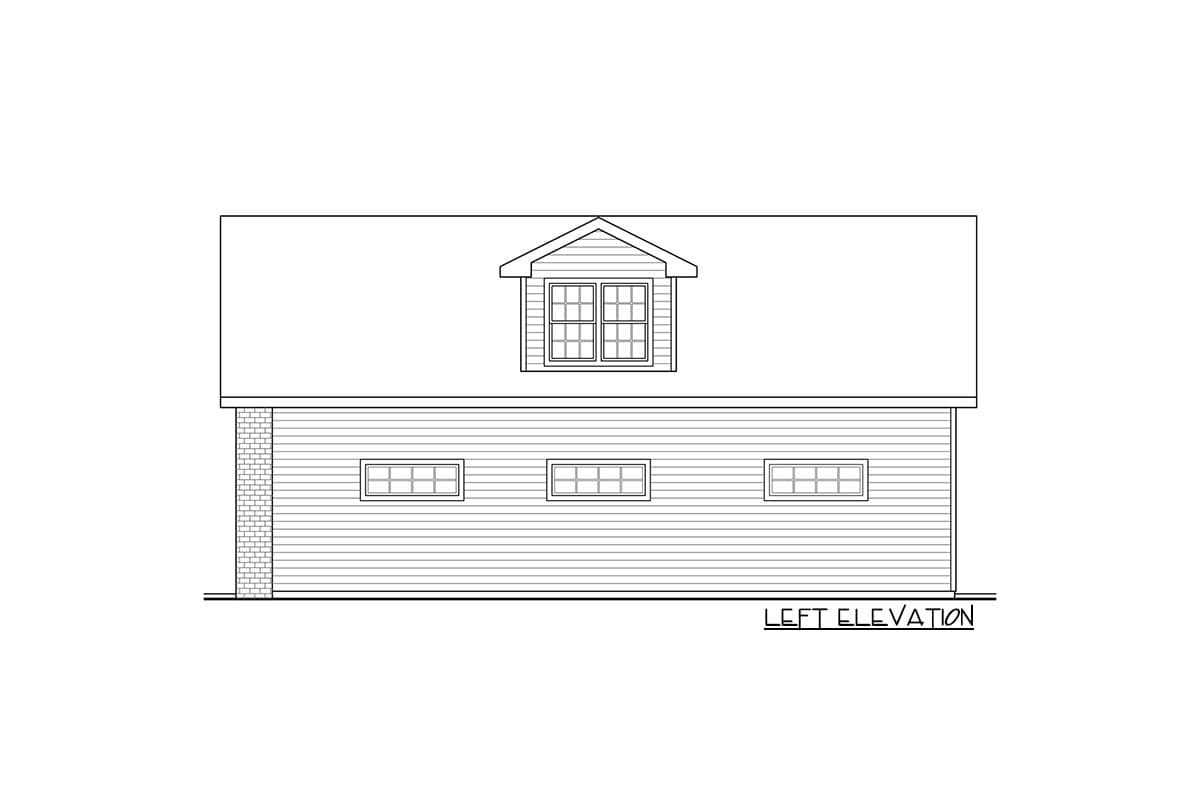 Left elevation drawing of a house plan showing horizontal siding, a dormer with windows, and three windows on the main level.