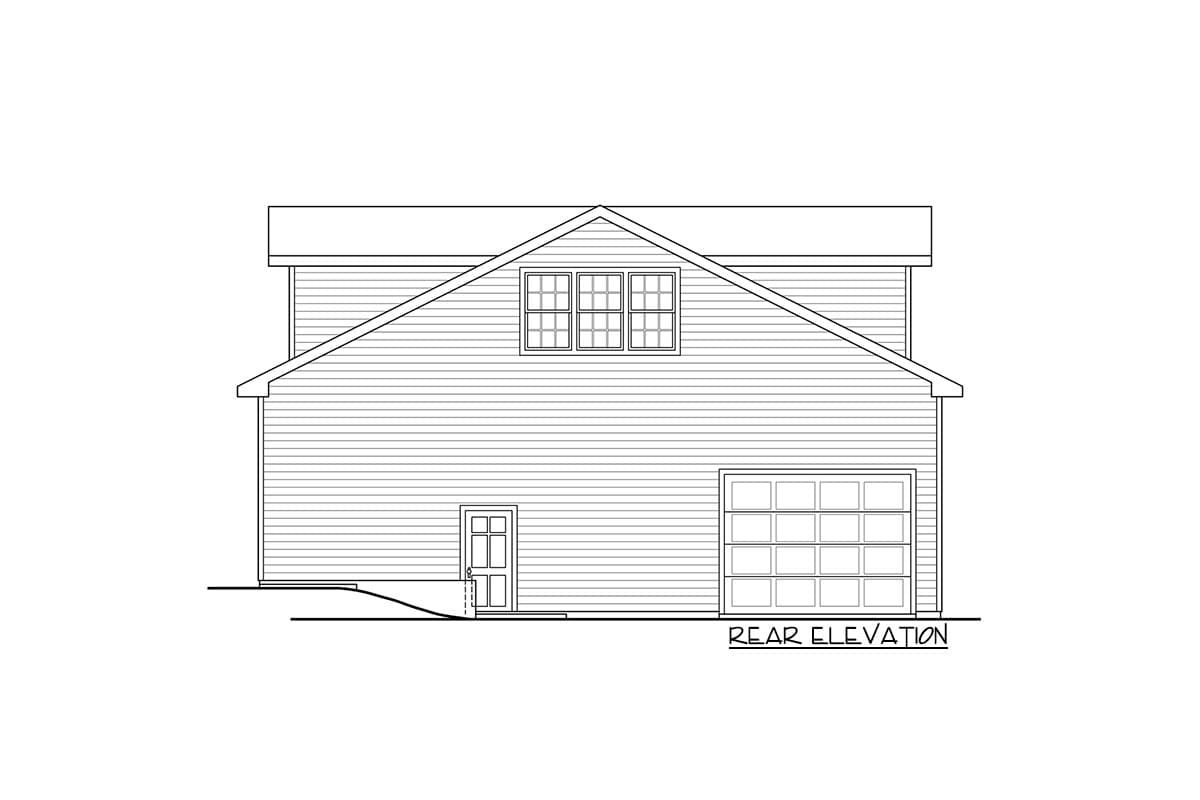 Rear elevation of a two-story house plan featuring a garage, a door, and a gable dormer window.