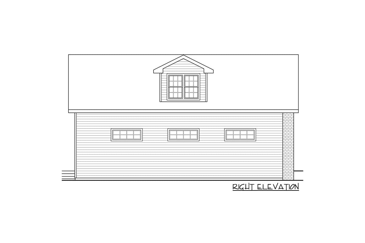 House plan right elevation drawing showing horizontal siding, three windows, a dormer with a window, and brick detailing on the right.