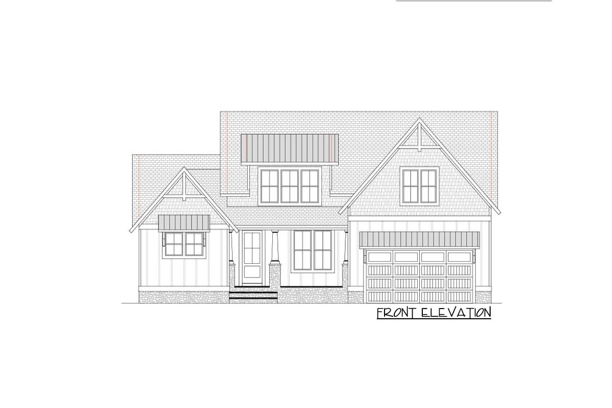 Front elevation drawing of a two-story house plan with a gabled roof, dormer windows, covered porch, and attached garage.