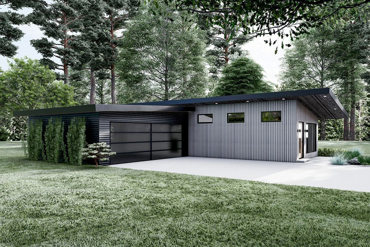 Modern single-story house plan exterior with a flat roof, horizontal siding, glass garage door, and multiple windows.