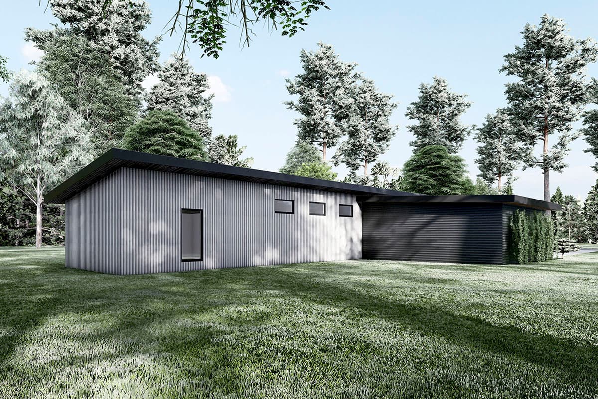 Modern house plan exterior with corrugated metal siding, a low-slope roof, and a detached garage.