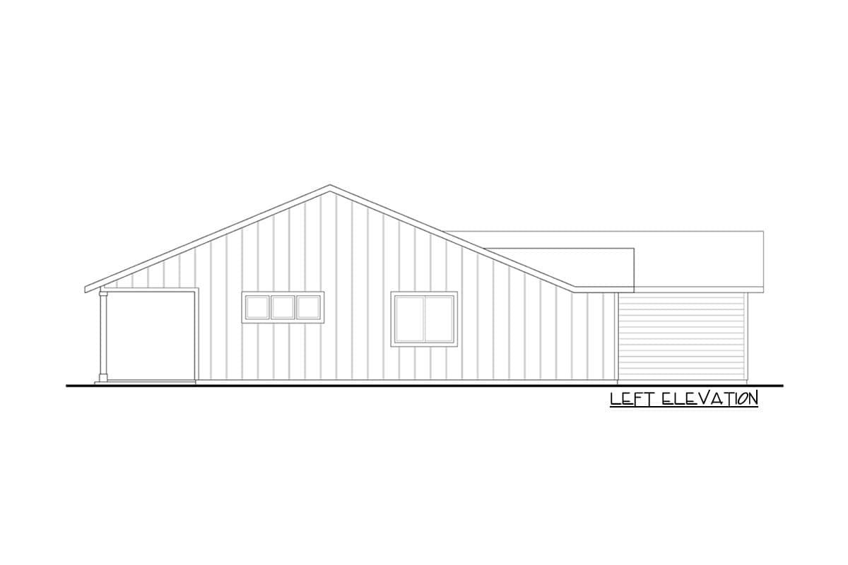 Left elevation drawing of a single-story house plan with a carport, three windows, and a garage.