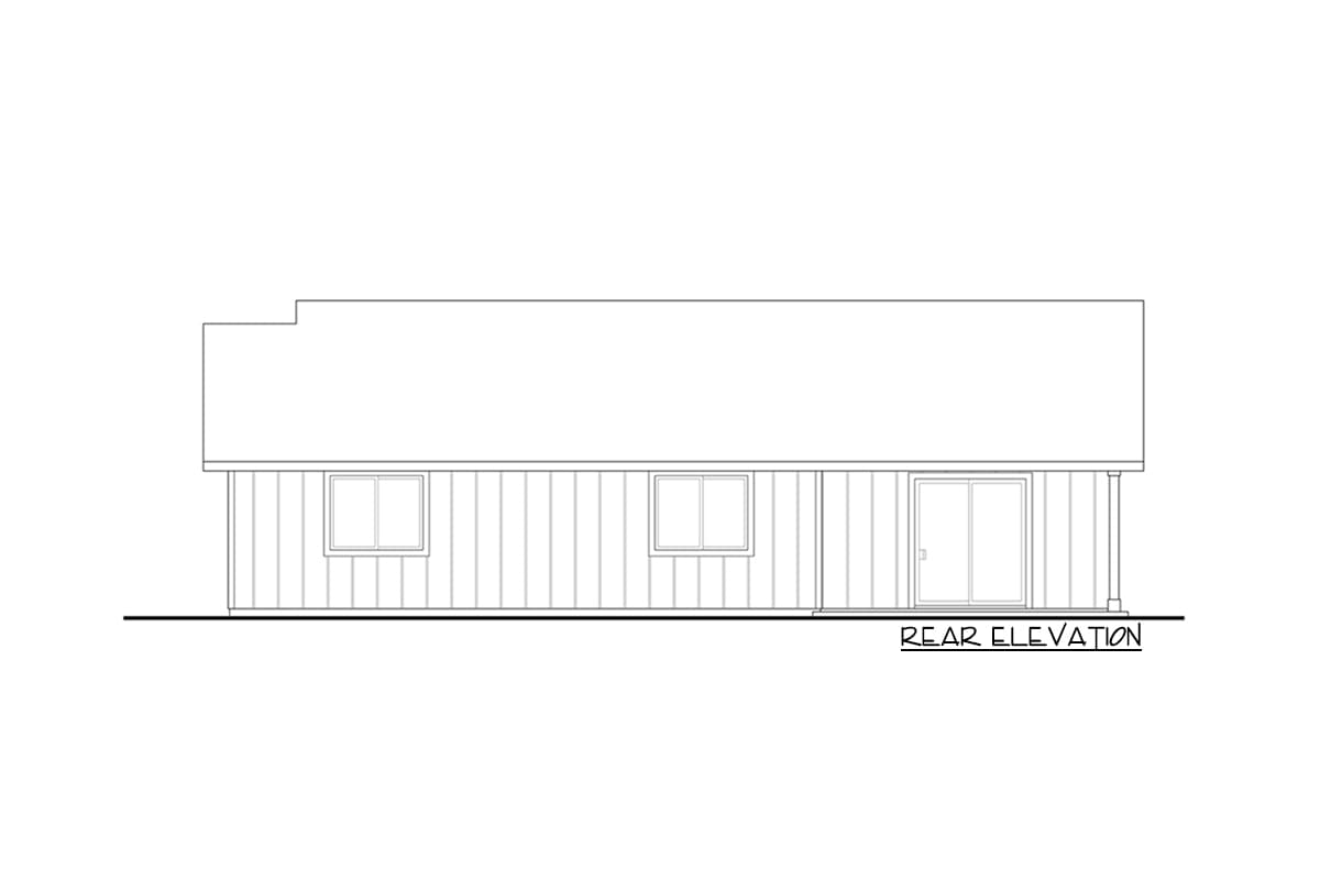 Rear elevation drawing of a single-story house plan featuring two windows and a sliding glass door with a covered porch.