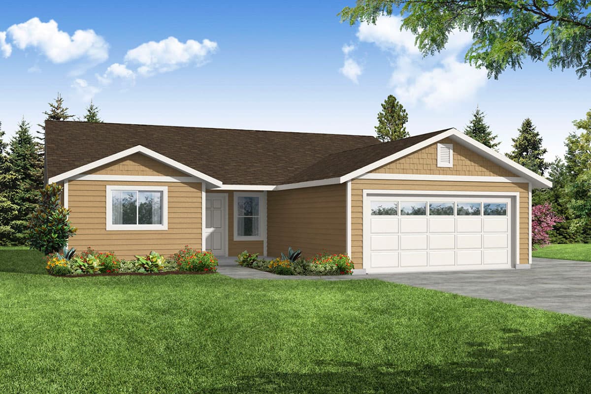 House plan exterior. Ranch style with a single story, featuring gables, an attached garage, and a simple roofline.