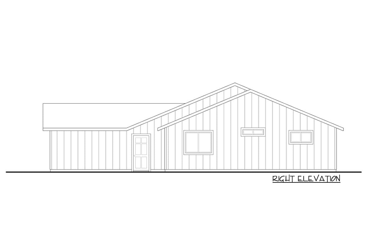 Right elevation drawing of a one-story house plan with a prominent gable end, a single door, and three windows.