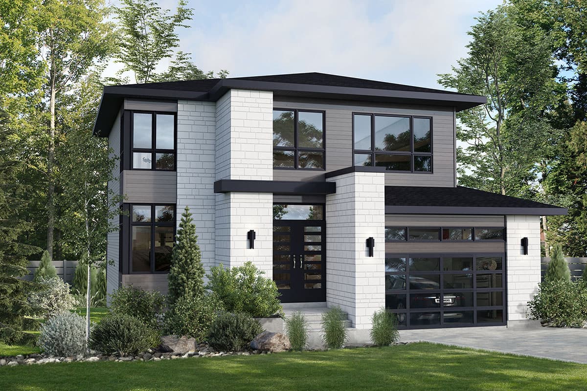 House plan exterior. Two-story modern home with mixed siding, flat roof, and an attached garage with glass door.