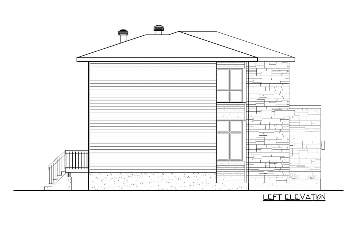 Left elevation drawing of a two-story house with horizontal siding, stone accents, double-hung windows, and a pitched roof with two vents.