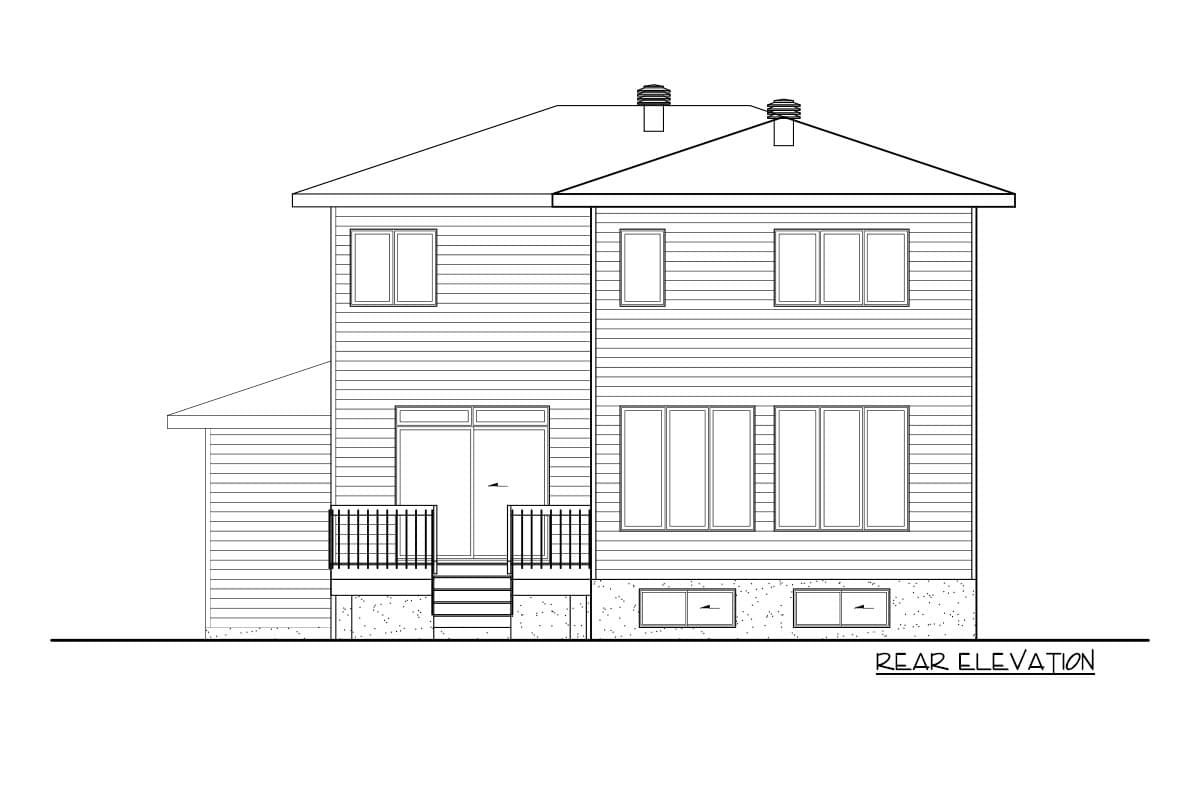 Rear elevation drawing of a two-story house plan with horizontal siding, multiple windows, a sliding glass door, and a small deck.