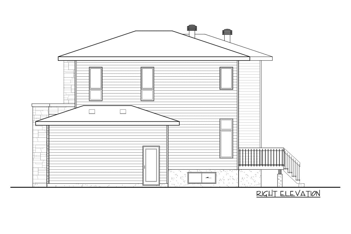 Right elevation house plan showing two stories, vinyl siding, stone accents, a sloped roof, and a deck.
