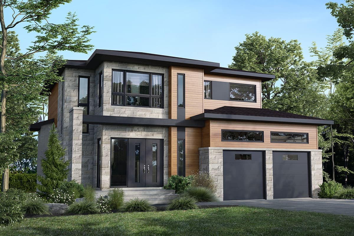 Modern house plan exterior with stone veneer and wood siding. Features include a two-car garage, flat rooflines, and multiple windows.