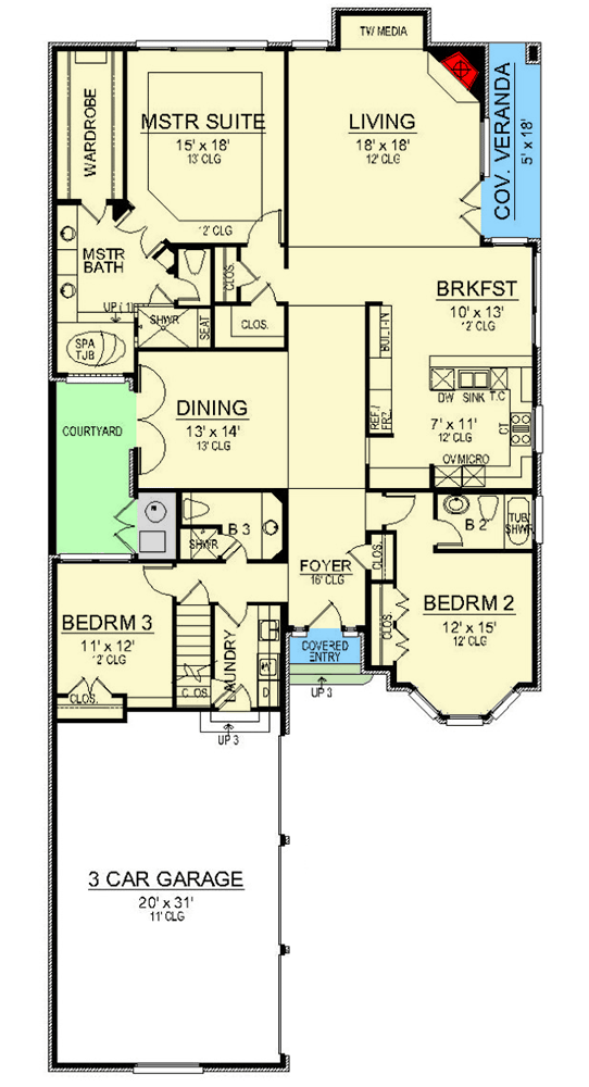 Plan 36656TX: 3-Bed European-style Home Plan Perfect for a Zero Lot Line or Narrow Lot - Floor Plan - Main Level - European, Traditional