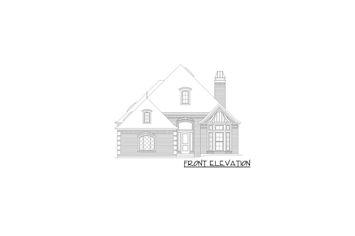 Front elevation drawing of a one-story house with a prominent gable, arched entryway, and bay window.