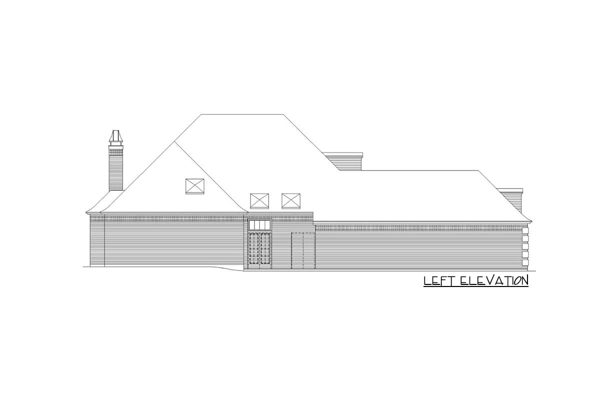 Left elevation house plan drawing showing a chimney, hip roof, dormers, and horizontal siding.
