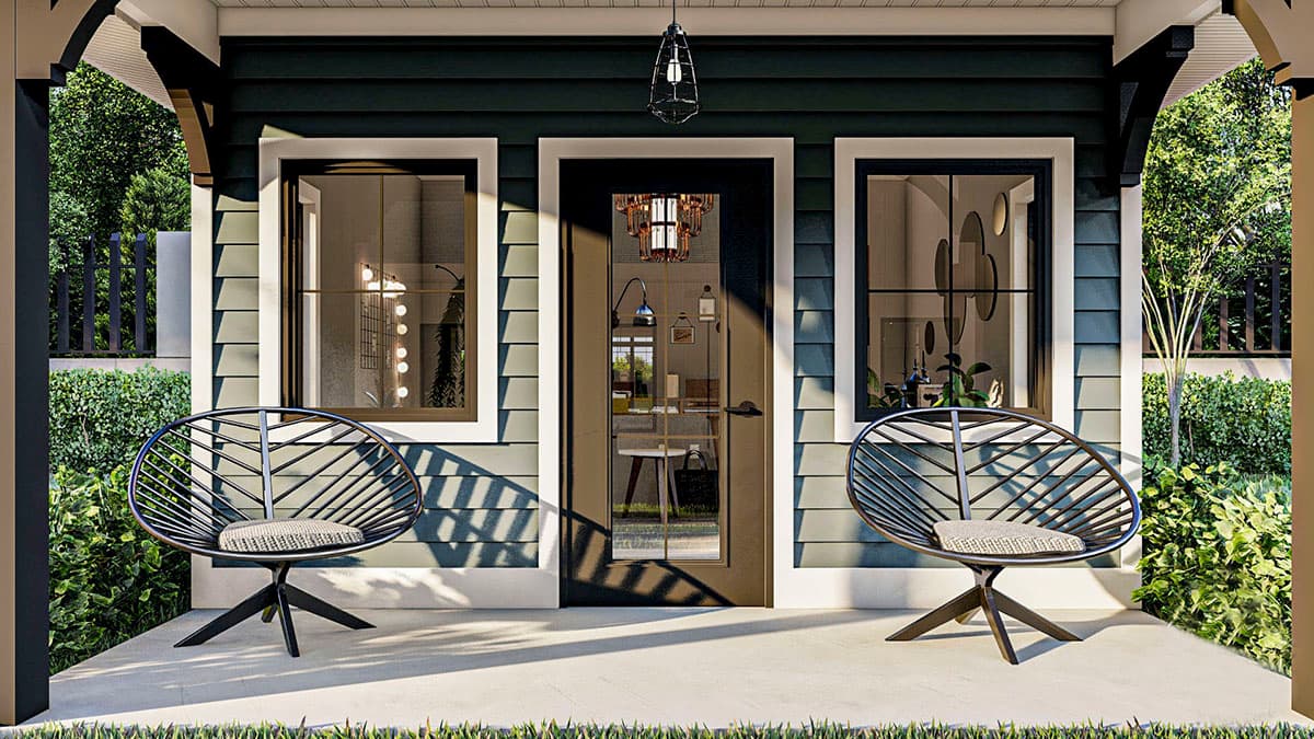 House plan exterior: Covered porch with two modern chairs, a central door with glass panels, and flanking windows.