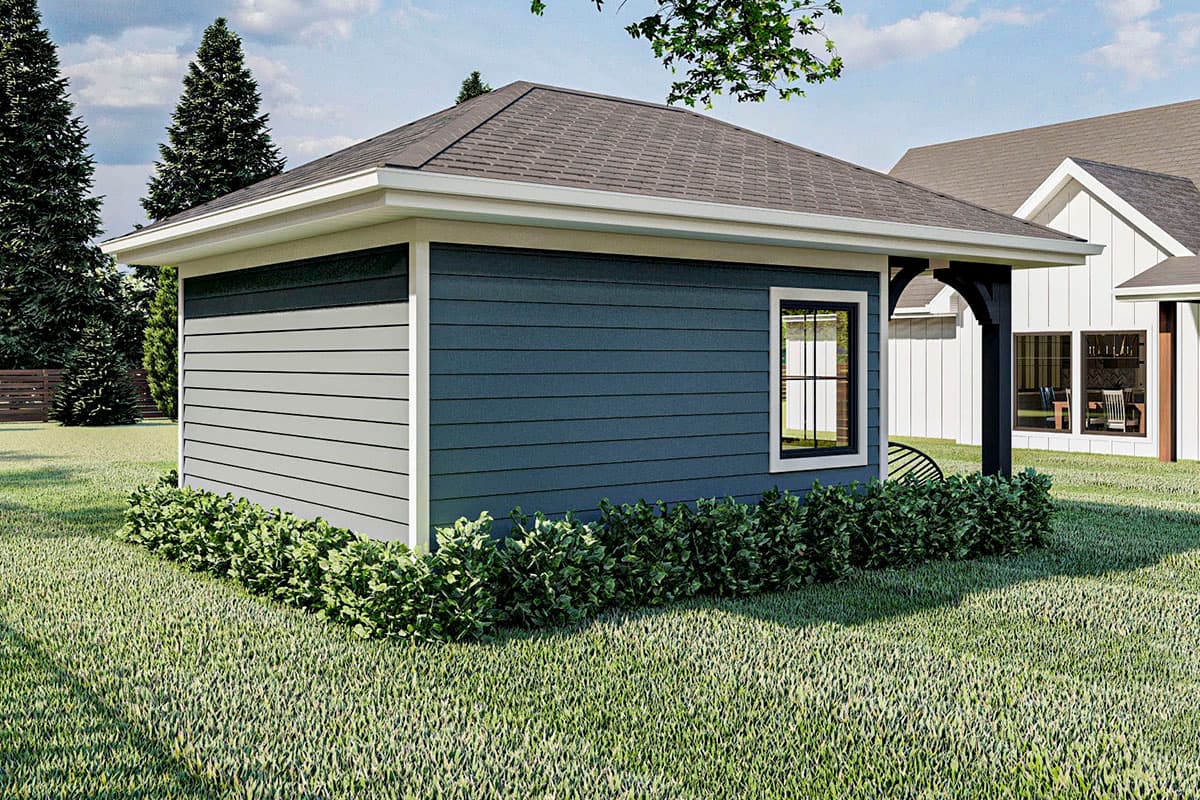 House plan exterior, one-story building with horizontal siding, gable roof, and white trim.
