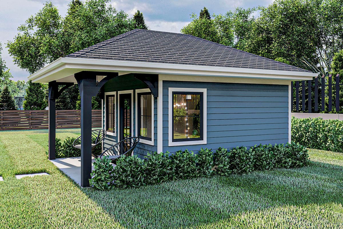 House plan exterior of a single-story modern dwelling with horizontal siding, a covered porch with dark posts, and multiple windows.