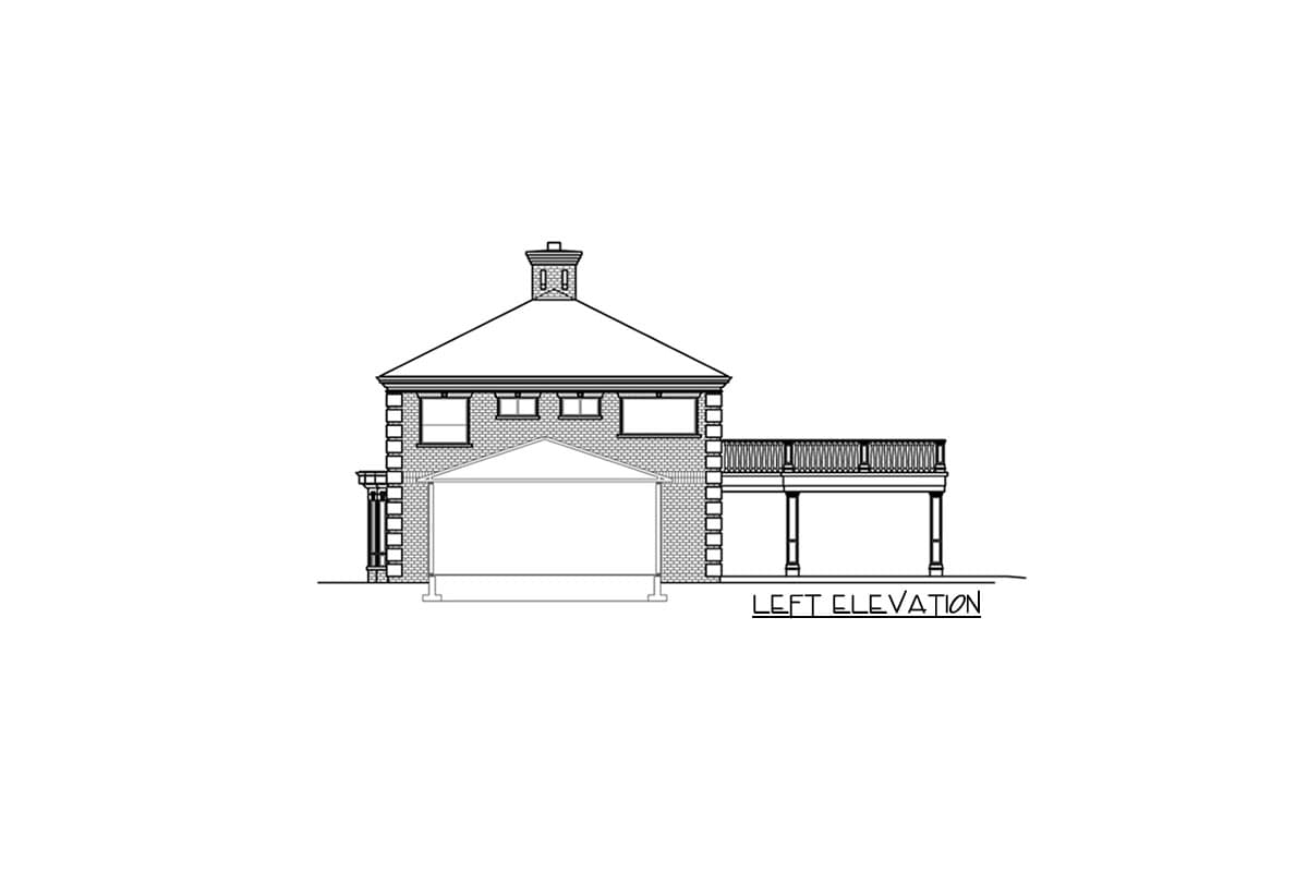 Left elevation drawing of a two-story house plan with a peaked roof, dormers, a porch, and a deck.