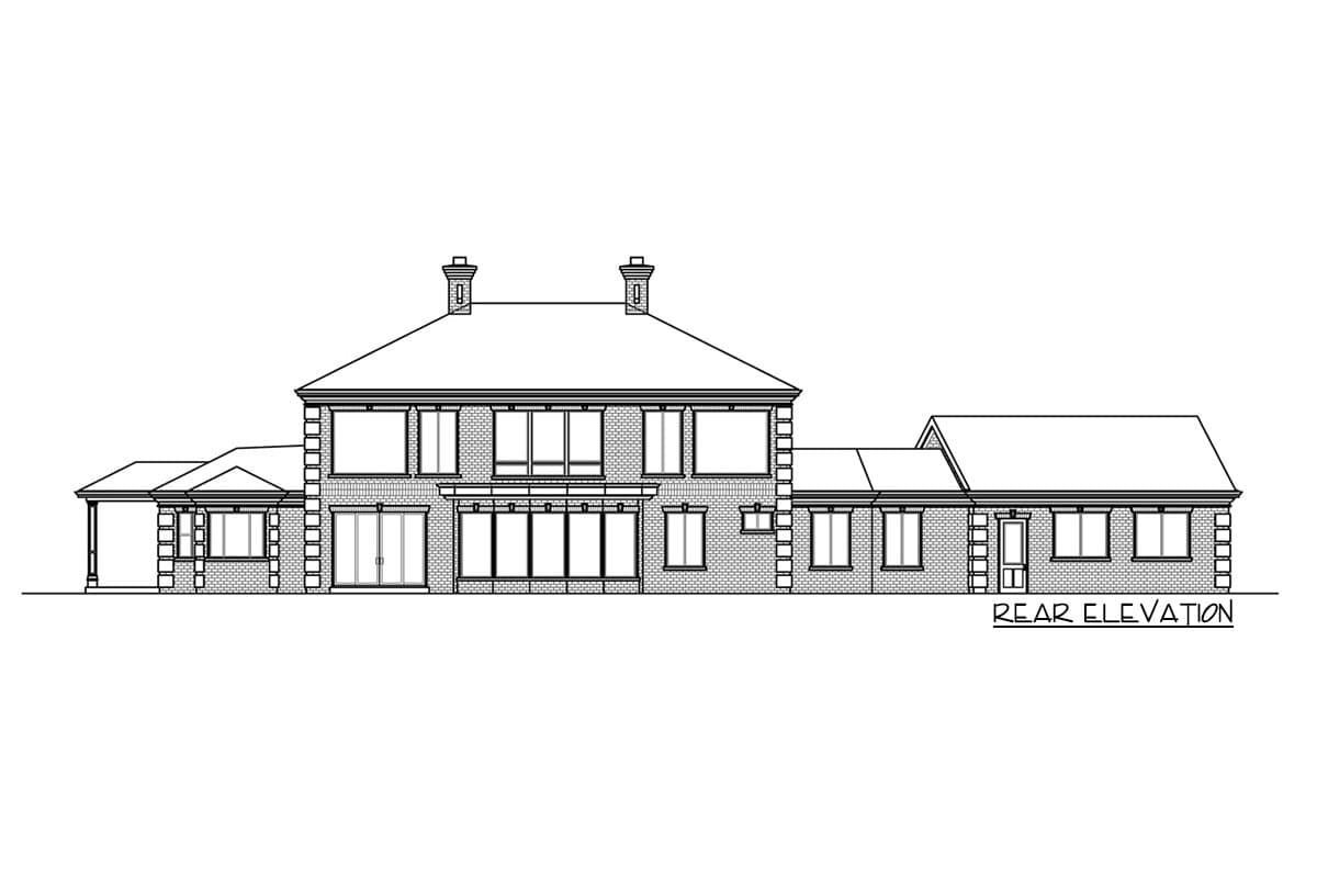 Rear elevation of a two-story house plan with a hip roof, double doors, and multiple windows.