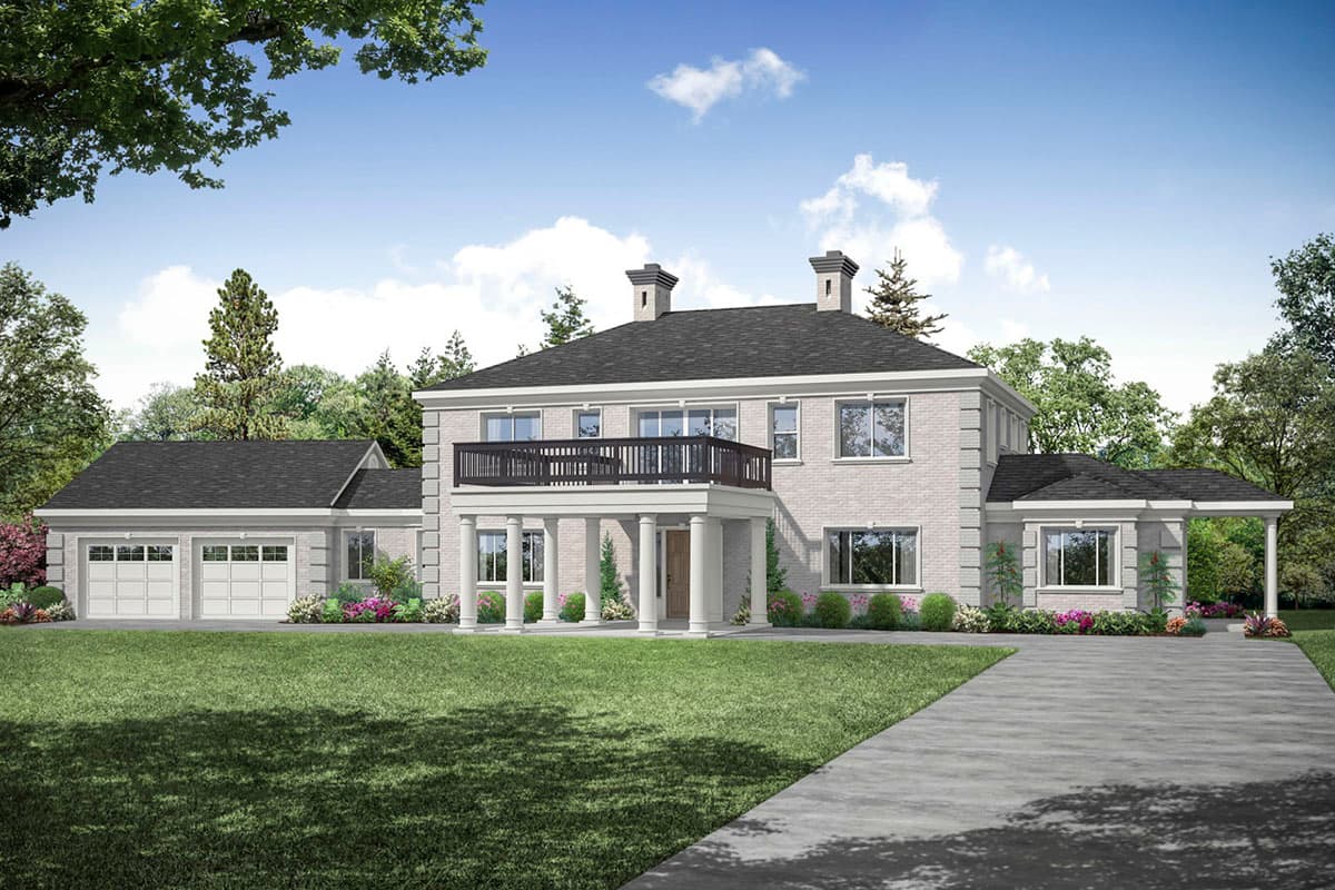House plan exterior. Two-story Colonial with a front porch with columns, a balcony, and a detached garage with gabled roof.