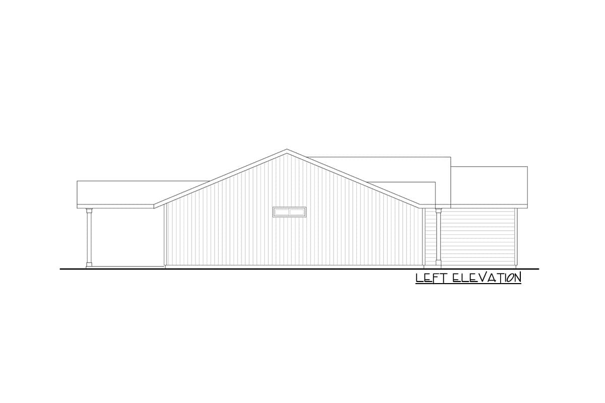 Left elevation drawing of a single-story house plan with a gabled roof, covered porch, and attached garage.