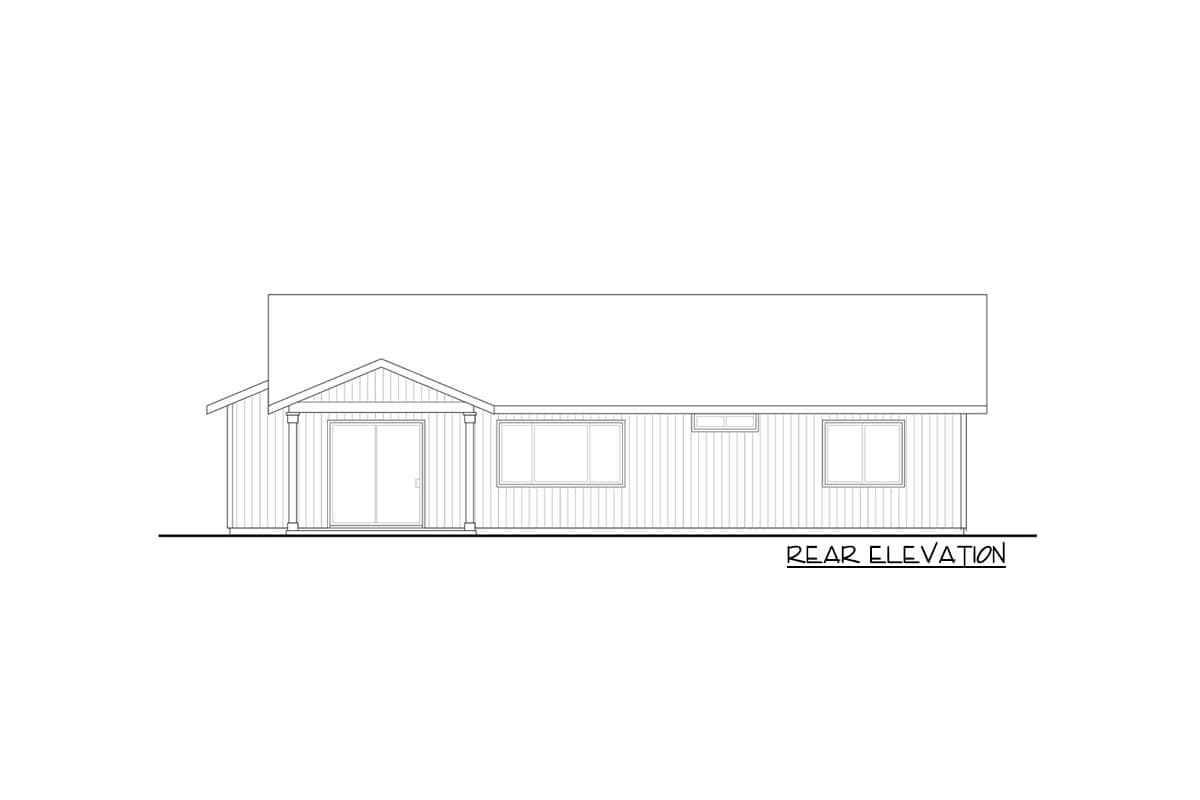 Rear elevation drawing of a house plan featuring a gable roof, sliding doors, and three windows.