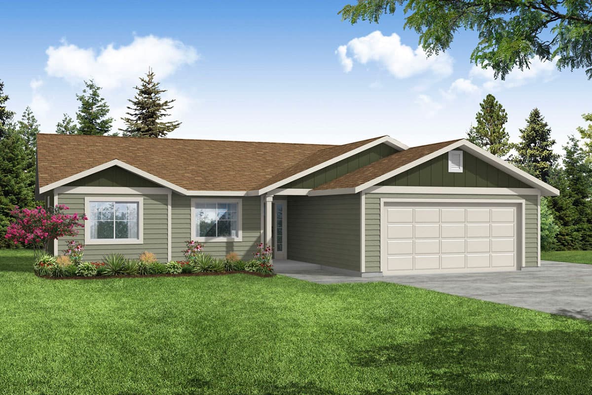 House plan exterior with gable roof, attached garage, and two gabled dormers. Single-story, with a front entry porch.