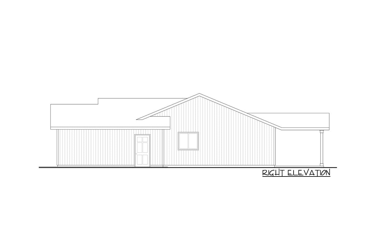 Right elevation house plan drawing of a single-story home with a gable roof, entry door, window, and attached carport.
