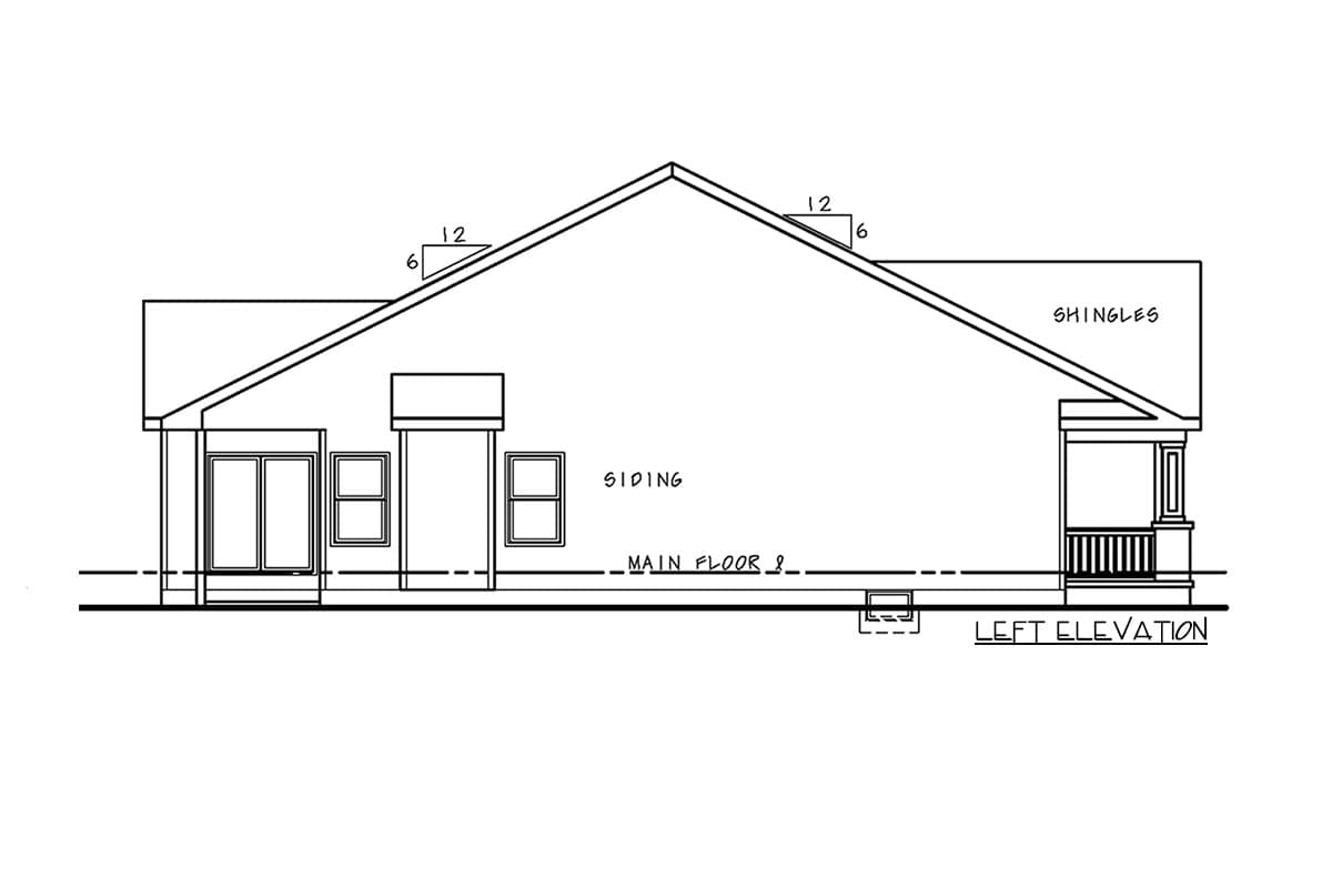 Left elevation house plan showing siding, multiple windows, a porch with railing, and roof shingles.