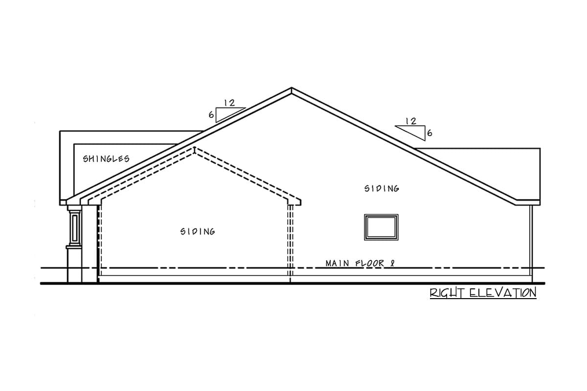Right elevation drawing showing siding, shingles, a window, and a 12/6 roof pitch.