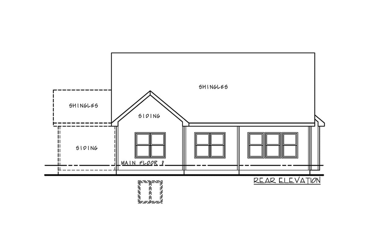 Rear elevation house plan drawing showing a one-story home with siding, shingles, and multiple windows.