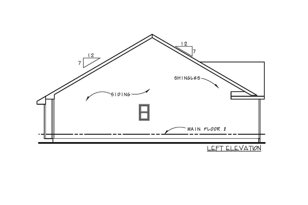 Left elevation drawing of a house plan with a gabled roof, siding, shingles, and one window.