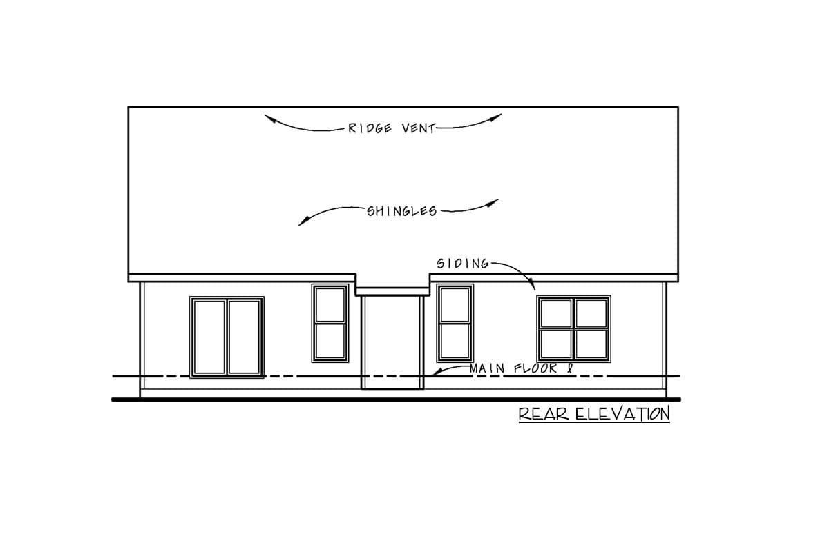 Rear elevation drawing showing siding, windows, a covered porch, and roof details like shingles and ridge vent.