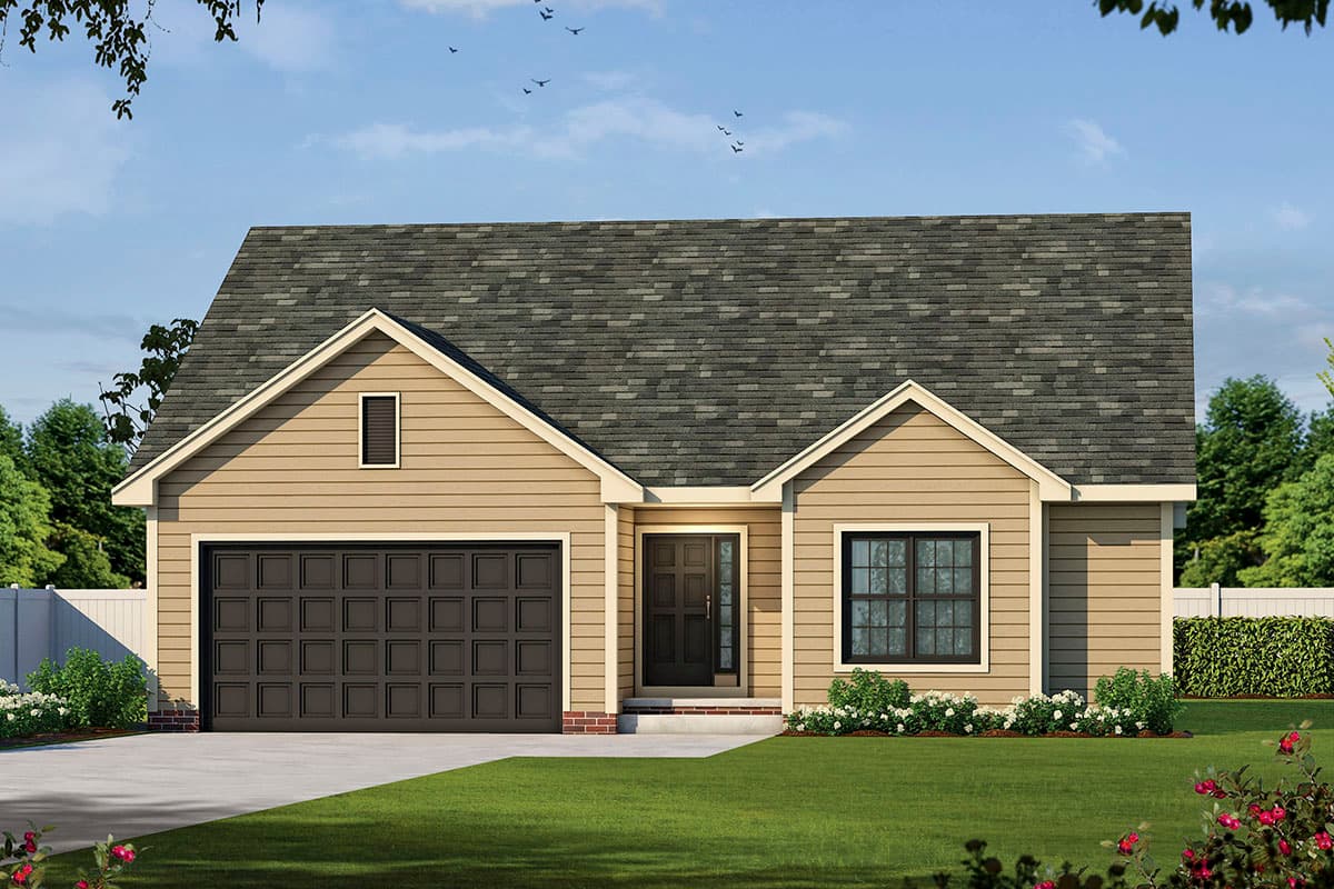 House plan exterior. Ranch-style home with a single story, gable roof, and attached garage. Includes a front entry door and window.